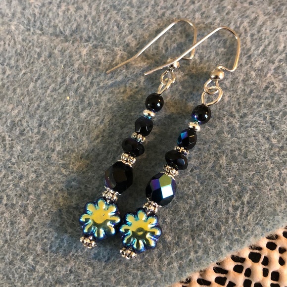 Hand crafted black AB Czech glass earrings - Picture 2 of 5